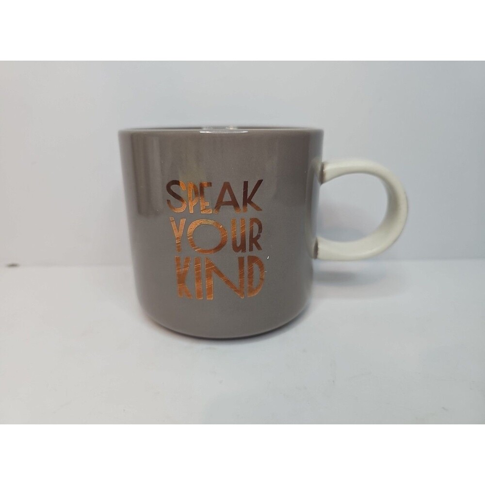 STARBUCKS “SPEAK YOUR KIND” Coffee Cup Mug Holiday 2017 Taupe Gold Lettering